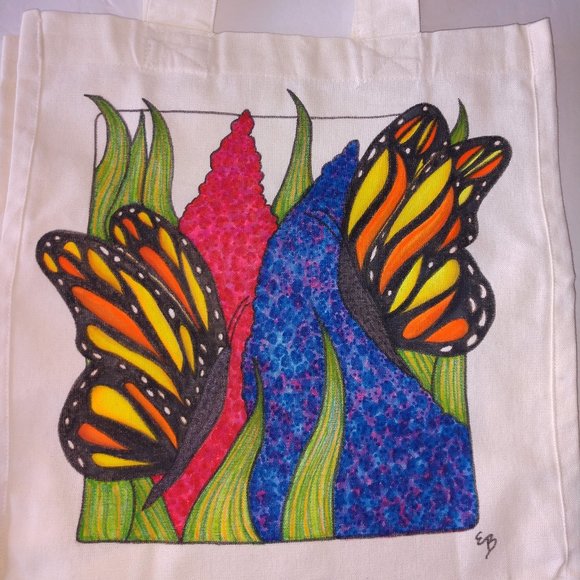 Hand-Painted Butterfly Tote Bag: Floral Art Reusable Canvas Tote 14x13x7 - Picture 1 of 14